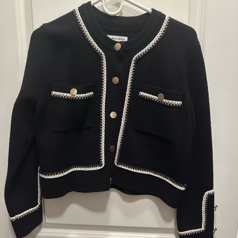 Urban Revivo Black Cardigan with Gold Buttons and White Trim
